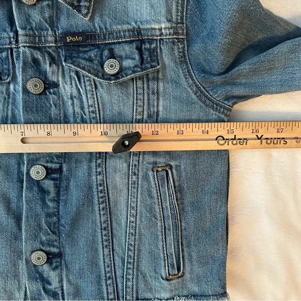 Polo Ralph Lauren Denim Trucker Jacket Y2K Youth Sz 10 Cropped Raw Hem Spell Out